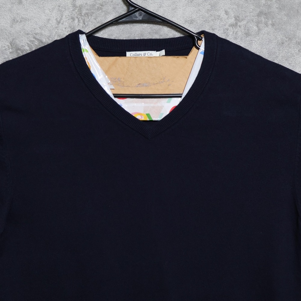 Collars Co Sweater Mens Large Navy Blue V-Neck Cotton Cashmere Tight-Knit Preppy